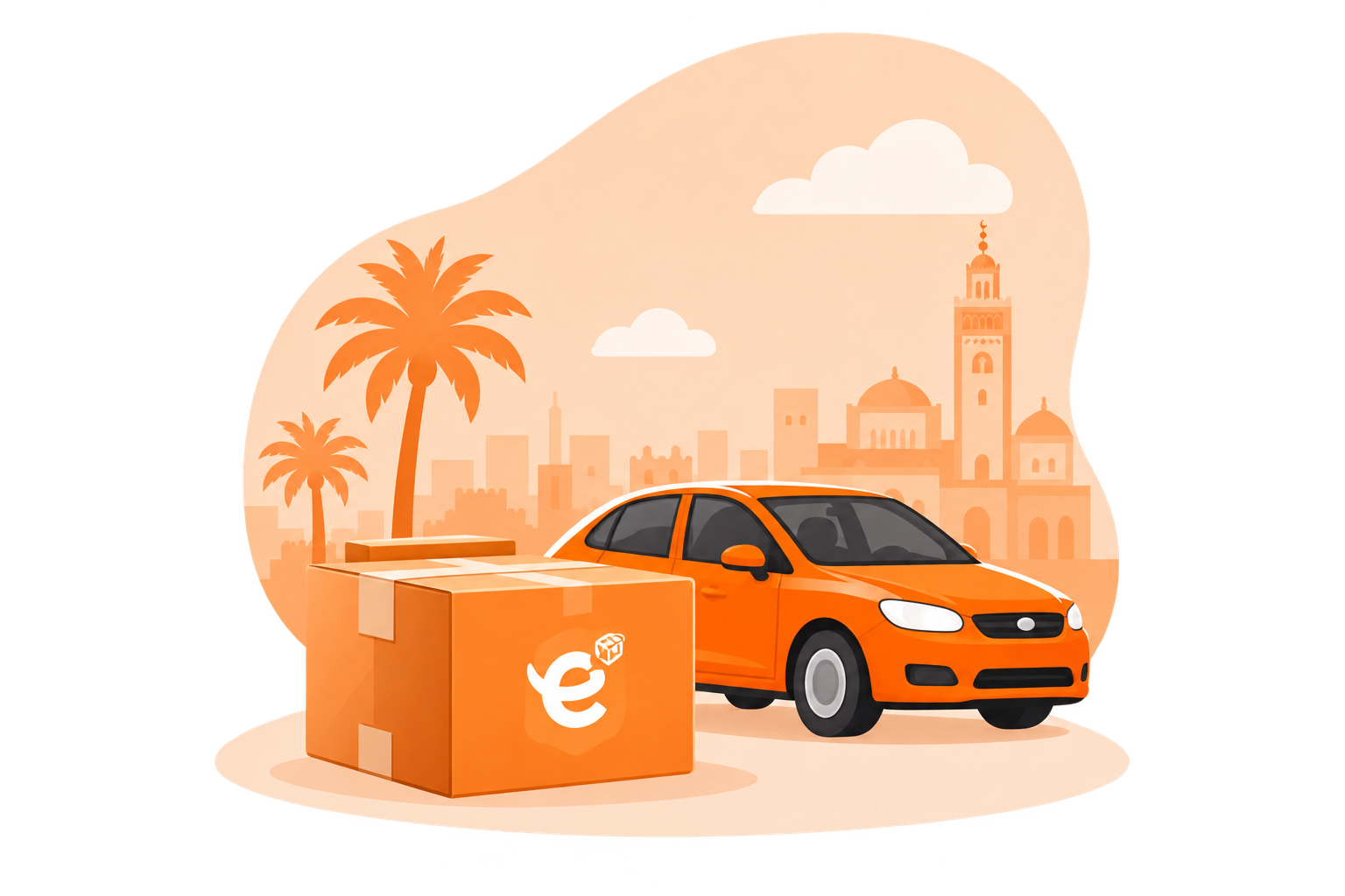 Une voiture orange de livraison et un colis devant une ville marocaine